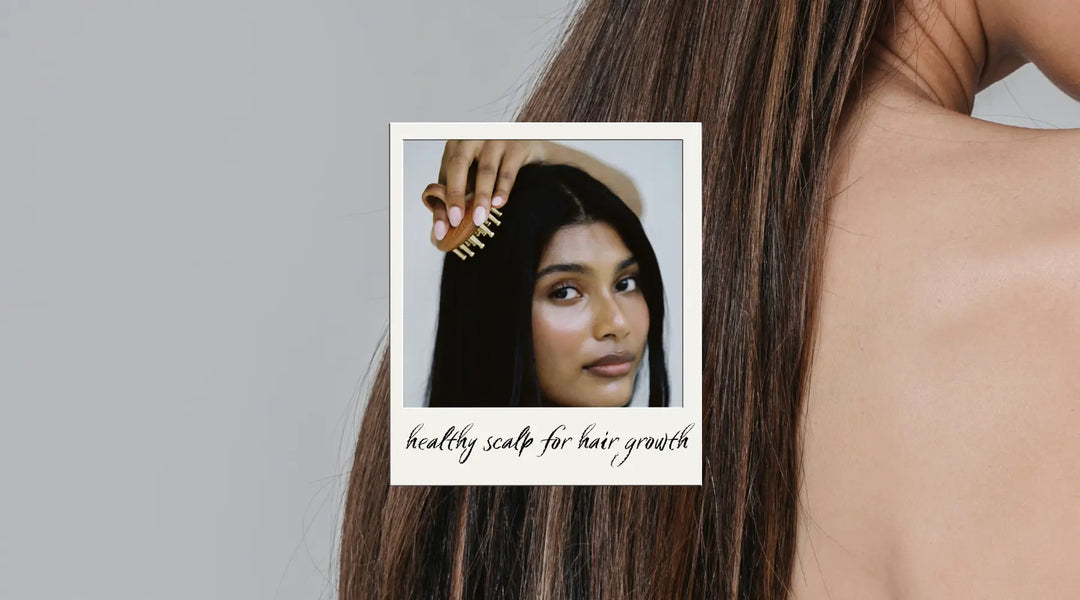 Model using a wooden scalp massager with copper bristles for promoting a healthy scalp and hair growth, an Ayurvedic hair growth product available in Australia. Available at VAMS Beauty, specializing in natural hair care tools for hair health.