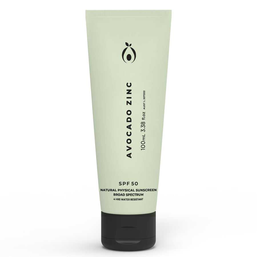 Avocado Zinc SPF 50 Natural Physical Sunscreen available at VAMS Beauty. This Australian-made, broad-spectrum sunscreen is water-resistant for 4 hours, ideal for sensitive skin, and provides effective sun protection with a lightweight, non-greasy formula.