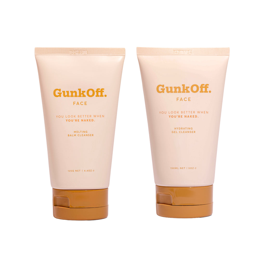 Double Cleanse Bundle featuring GunkOff Melting Balm Cleanser and Hydrating Gel Cleanser. A premium Australian skincare duo for sensitive skin, designed to effectively remove impurities while hydrating and soothing the skin.