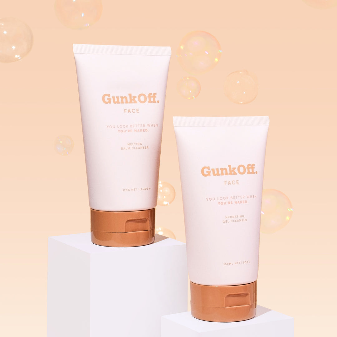 Double Cleanse Bundle featuring GunkOff Melting Balm Cleanser and Hydrating Gel Cleanser against a soft peach background with playful bubbles. The ultimate Australian skincare duo for sensitive skin, offering a complete cleansing routine that removes makeup, dirt, and impurities while nourishing and hydrating.