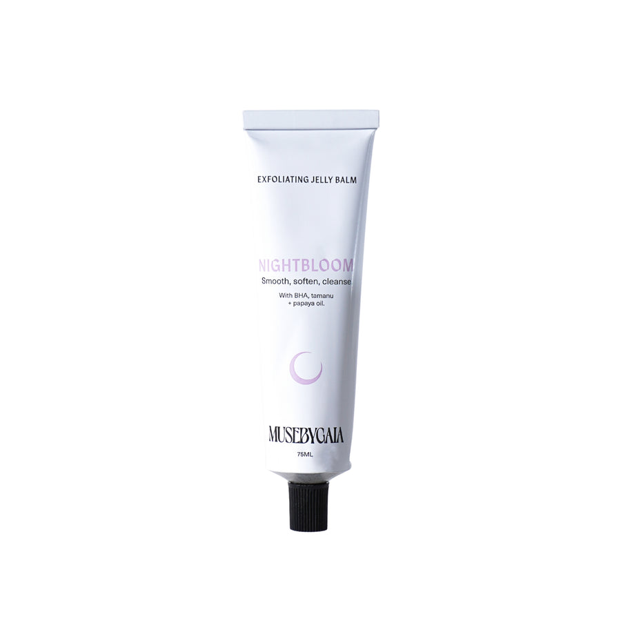White tube of Muse by Gaia Nightbloom Exfoliating Jelly Balm isolated on a plain background, highlighting key ingredients like BHA, tamanu, and papaya oil for effective skin cleansing and softening.