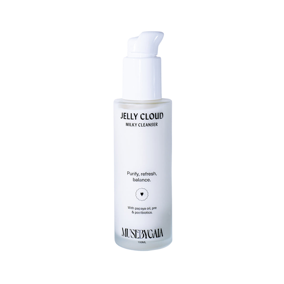 Muse by Gaia Jelly Cloud Milky Cleanser, available at VAMS Beauty Australian Skincare & Beauty Shop. This gentle cleanser purifies, refreshes, and balances the skin with papaya oil, prebiotics, and postbiotics. Ideal for achieving a clear and hydrated complexion.
