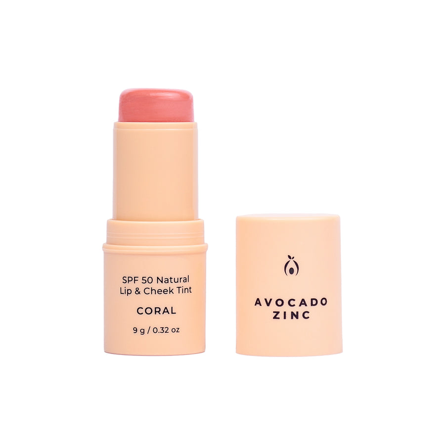 Avocado Zinc SPF 50 Natural Lip & Cheek Tint in Coral, available at VAMS Beauty. This multi-purpose, Australian-made tint provides broad-spectrum sun protection and adds a natural, rosy hue to lips and cheeks with a smooth, moisturizing formula.