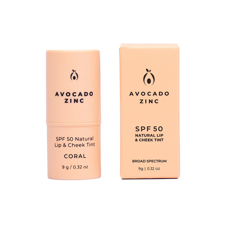 Avocado Zinc SPF 50 Natural Lip & Cheek Tint in Coral with packaging, available at VAMS Beauty. This Australian-made tint offers broad-spectrum sun protection and provides a natural, rosy hue for lips and cheeks, perfect for enhancing your beauty routine with a moisturizing formula.