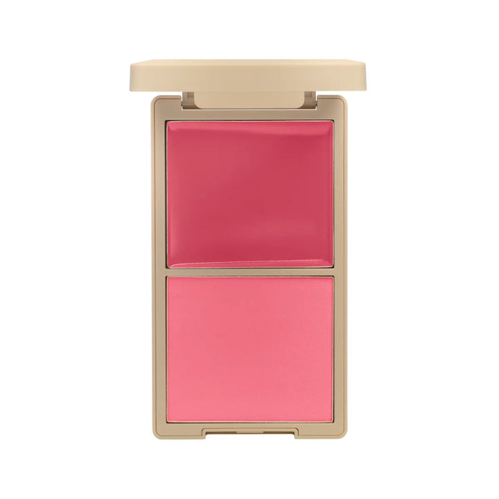 Make Me Blush Cream & Powder Duo in the shade 'Sweet Cheeks,' featuring a vibrant cream blush on top and a soft powder blush below. Encased in a sleek beige compact, this versatile duo offers buildable colour and a long-lasting, natural finish.