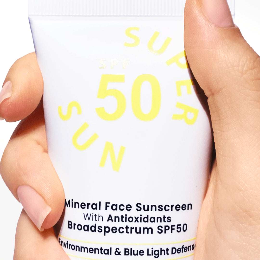 Close-up of Mineral Sunscreen SPF 50 by SS, with antioxidants and broad-spectrum protection, promoting environmental and blue light defense, available at VAMS Beauty. Shop Australian made beauty and skincare products.