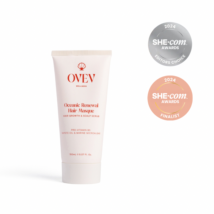 OVEV Wellness Oceanic Renewal Hair Masque, 150ml, awarded 2024 SHE-com Editors' Choice and Finalist, formulated with Pro-Vitamin B5, Sapote Oil, and Marine Microalgae for hair growth and scalp care. Australian made beauty products for healthy hair.