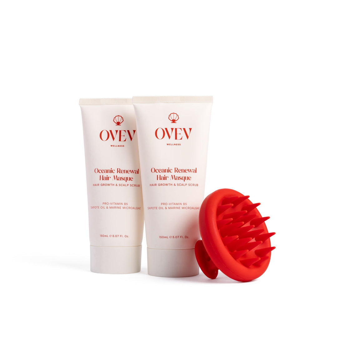 OVEV Wellness Oceanic Renewal Hair Masque duo with red scalp scrubber, 150ml tubes for hair growth and scalp care with Pro-Vitamin B5, Sapote Oil, and Marine Microalgae