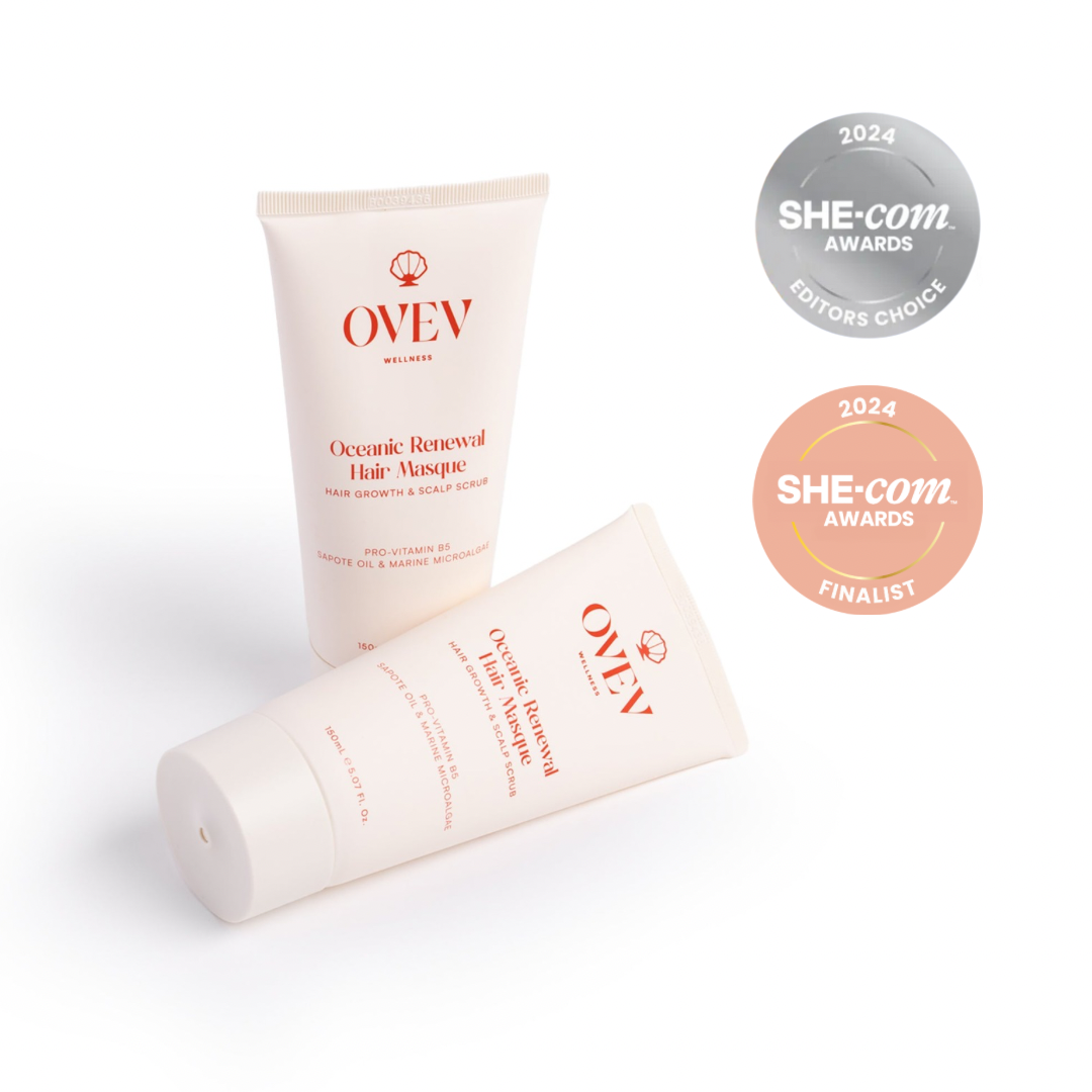 OVEV Wellness Oceanic Renewal Hair Masque, 2024 SHE-com Awards Editors' Choice and Finalist, featuring Pro-Vitamin B5, Sapote Oil, and Marine Microalgae for hair growth and scalp care