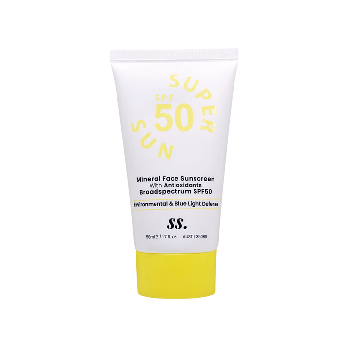 Mineral Sunscreen SPF 50 with antioxidants by SS, environmental & blue light defense, available at VAMS Beauty. Shop now Australian made skincare and beauty.