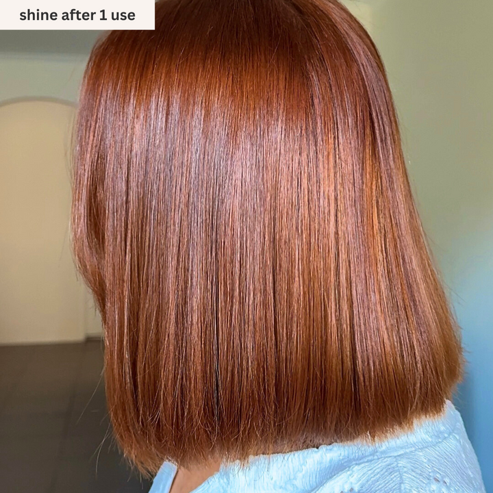 Shiny, healthy red hair after one use of OVEV Wellness Oceanic Renewal Hair Masque, a clean beauty product from Australia, showcasing improved hair texture and shine.