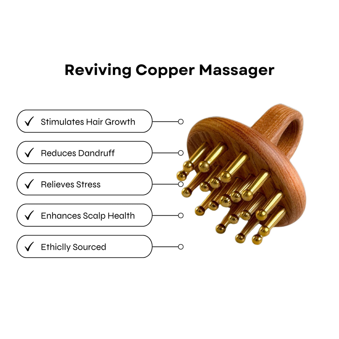 Reviving Copper Massager with benefits listed, including stimulating hair growth, reducing dandruff, relieving stress, enhancing scalp health, and being ethically sourced, featuring a wooden handle and copper massage tips.