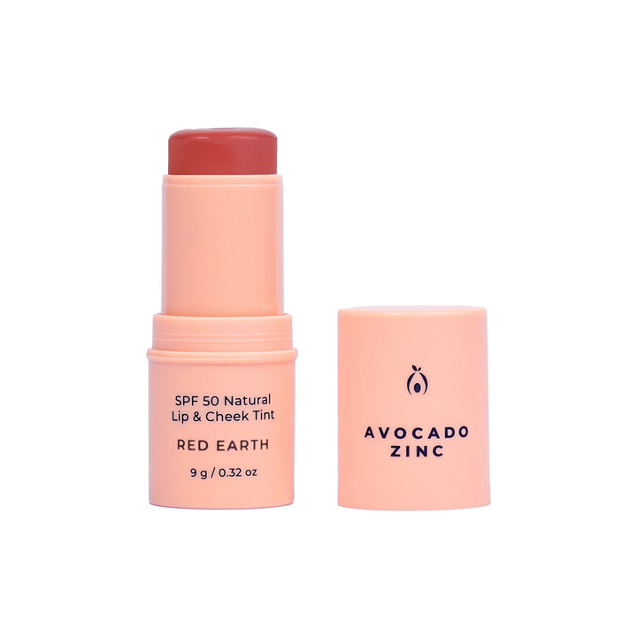 Avocado Zinc SPF 50 Natural Lip & Cheek Tint in Red Earth, available at VAMS Beauty. This Australian-made tint offers broad-spectrum sun protection and a rich, earthy red hue, perfect for enhancing lip and cheek color with a moisturizing formula.