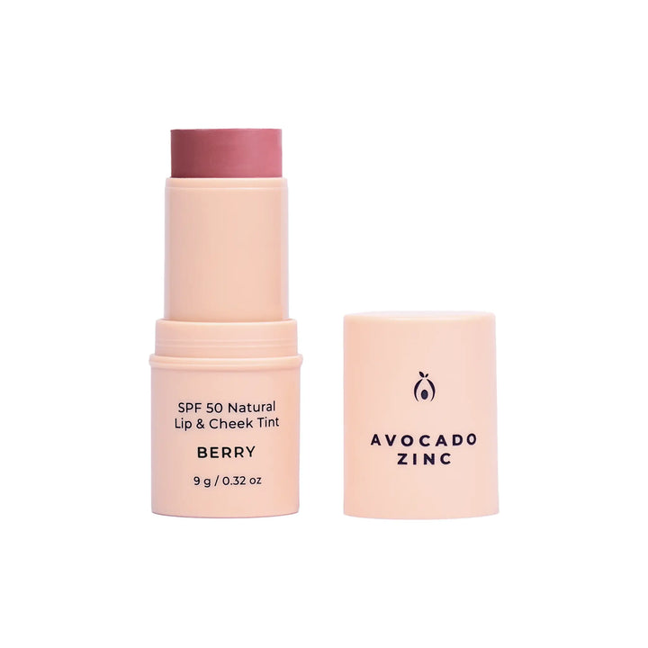 Avocado Zinc SPF 50 Natural Lip & Cheek Tint in Berry, available at VAMS Beauty. This Australian-made tint offers broad-spectrum sun protection and a natural, berry hue for lips and cheeks, perfect for enhancing your beauty routine with a moisturizing formula.