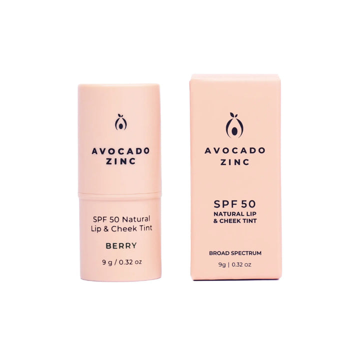 Avocado Zinc SPF 50 Natural Lip & Cheek Tint in Berry with packaging, available at VAMS Beauty. This Australian-made tint offers broad-spectrum sun protection and provides a natural, berry hue for lips and cheeks, perfect for enhancing your beauty routine with a moisturizing formula.