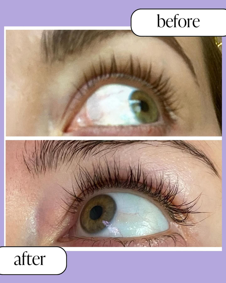 Before and after comparison of eyelash growth using Siren Eyelash Growth Serum, showing significant improvement in lash length and fullness on a close-up of an eye.