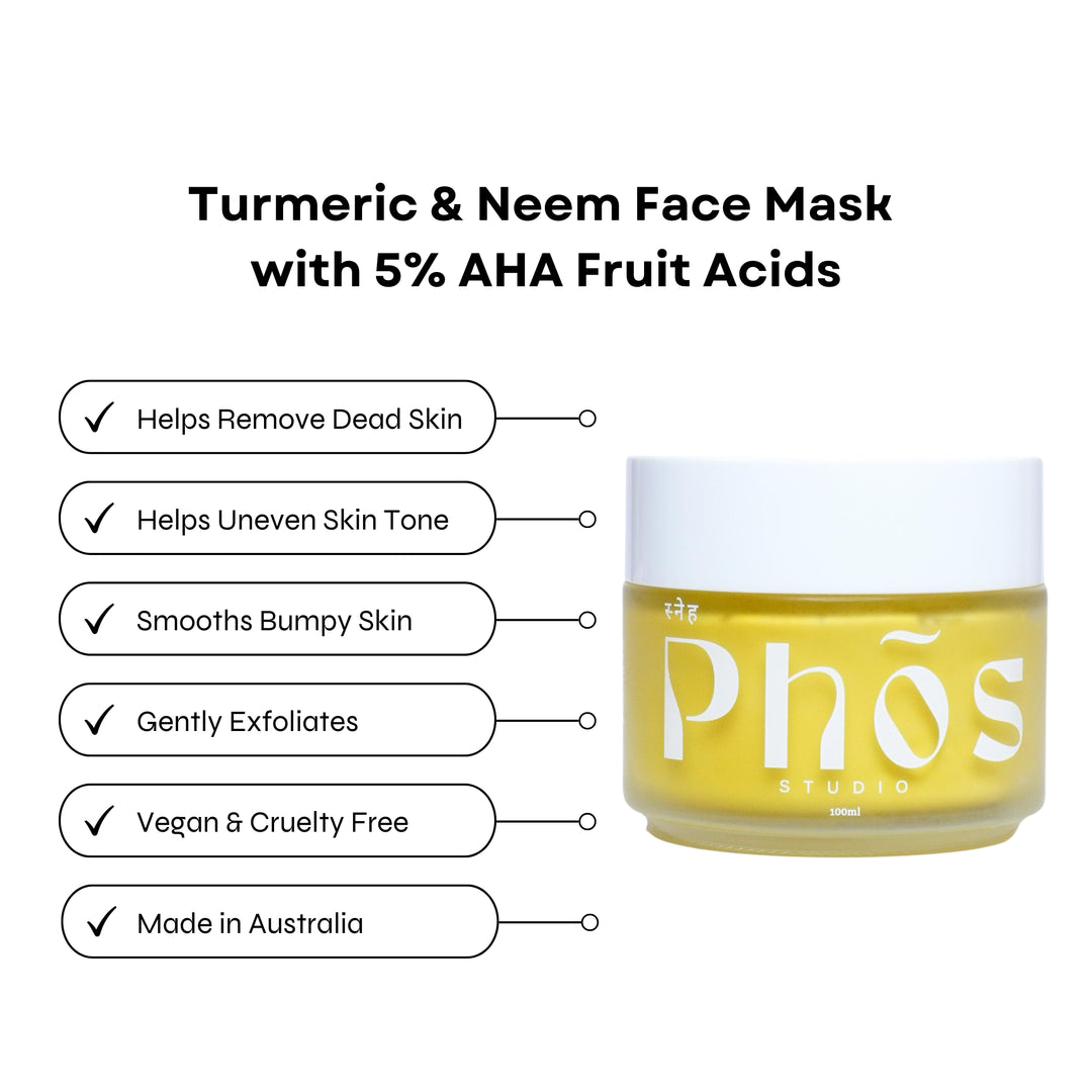 Turmeric & Neem Face Mask with 5% AHA Fruit Acids, highlighting key benefits such as removing dead skin, evening skin tone, smoothing bumpy skin, gentle exfoliation, vegan and cruelty-free, made in Australia.