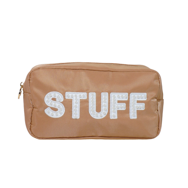 Large beige cosmetic bag with 'STUFF' embroidered in white, perfect for organizing and storing makeup, toiletries, and travel essentials.