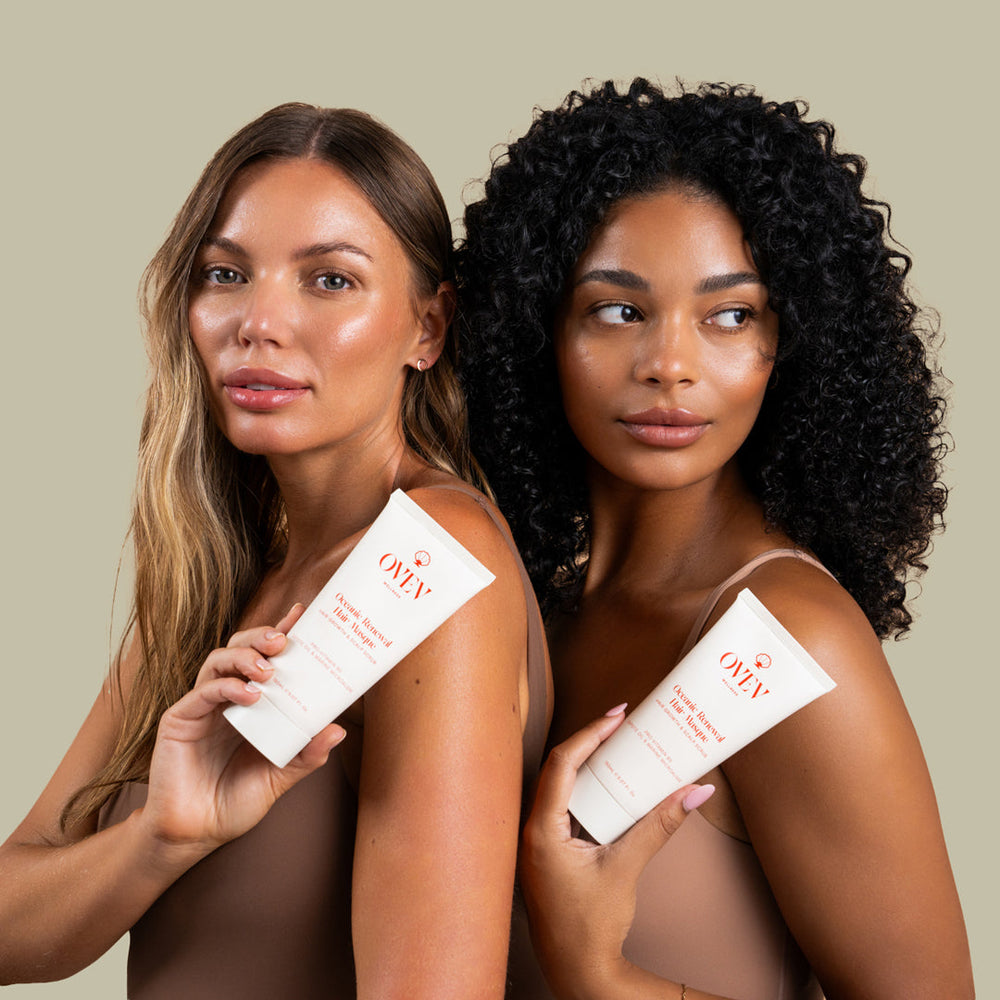 Two women holding OVEV Wellness Oceanic Renewal Hair Masque, showcasing diverse hair types, featuring Pro-Vitamin B5, Sapote Oil, and Marine Microalgae for hair growth and scalp care