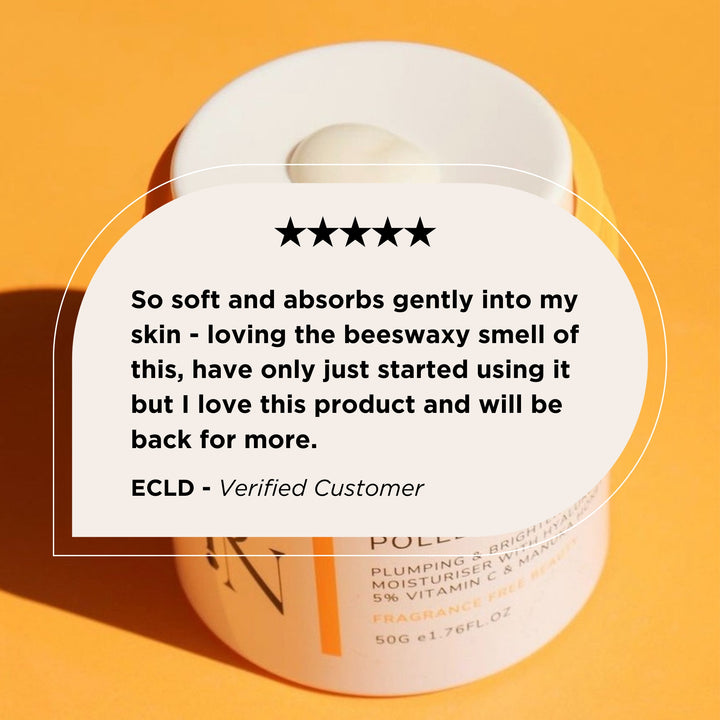 5-star review for Pollen Nation's Vitamin C face moisturiser. Customer praises its soft texture, quick absorption, and natural beeswax scent. Perfect for hydration, brightening, and sensitive skin. Available at VAMS Beauty, cruelty-free and Australian-made.