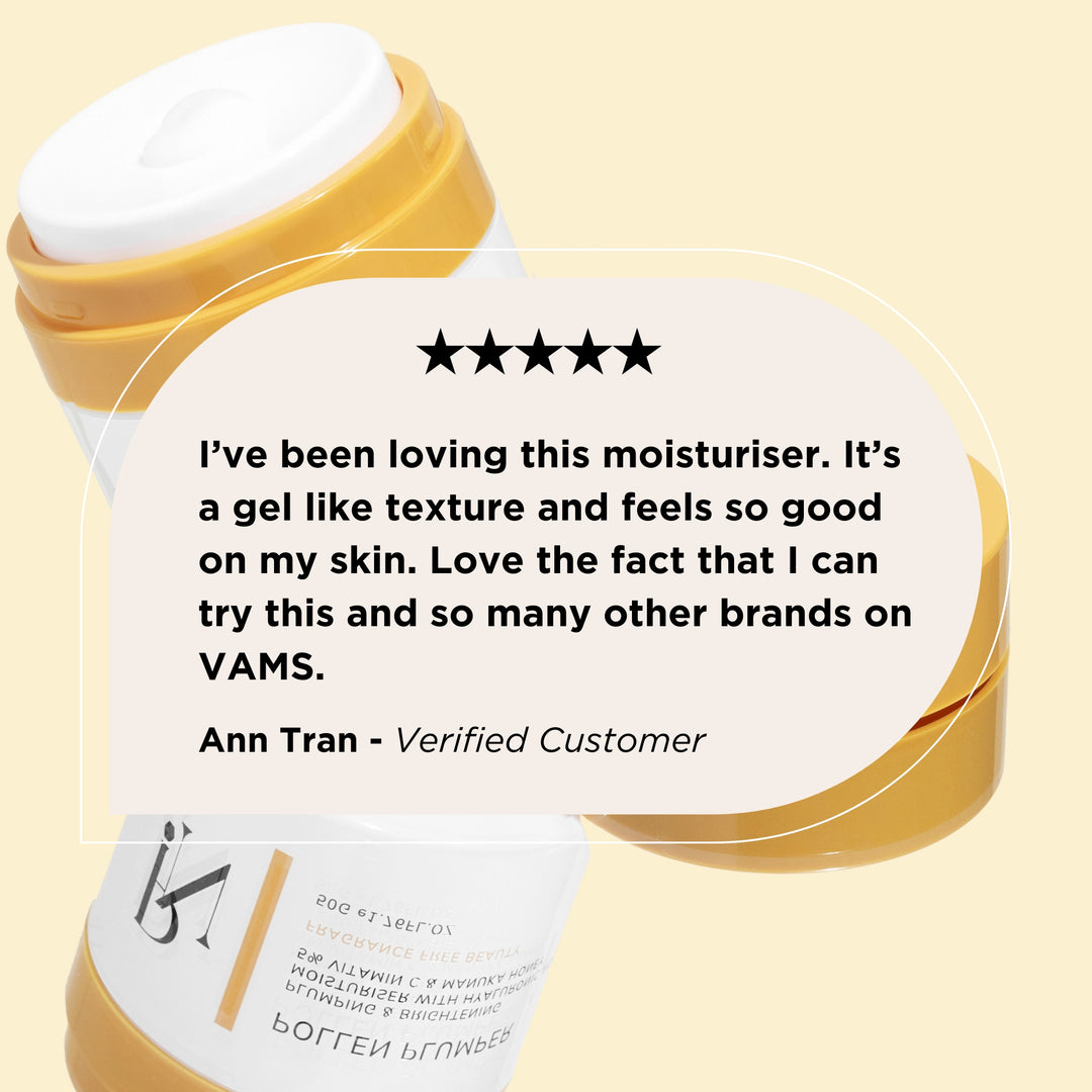 5-star review highlighting the gel-like texture of Pollen Nation's Vitamin C face moisturiser with peptides. Customer loves its lightweight formula and the variety of clean beauty brands available on VAMS Beauty. Hydrating, brightening, and sensitive skin-friendly.