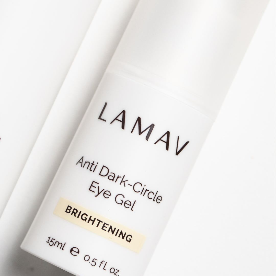 Close-up of LAMAV Anti-Dark-Circle Eye Gel bottle, 15ml with brightening tag, this product is Australian organic eye gel.