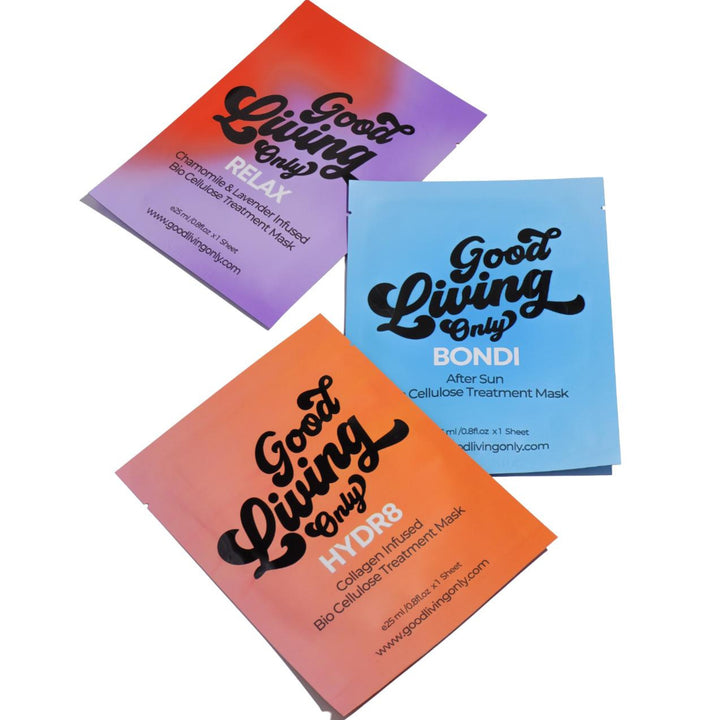 Good Living Only bio cellulose treatment masks in Relax, Bondi, and Hydr8 variants from VAMS Beauty. Chamomile and Lavender infused for relaxation, after-sun care, and deep hydration.