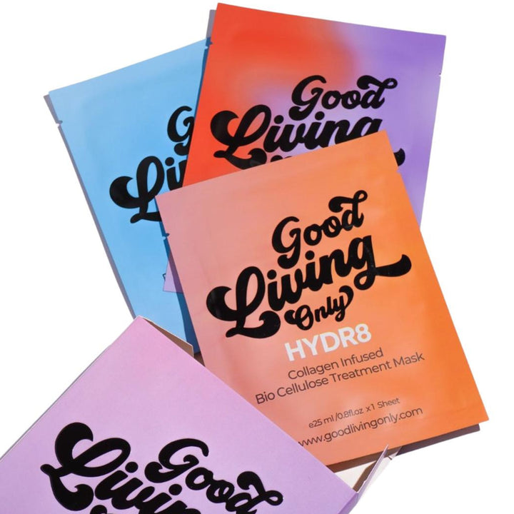 Good Living Only bio cellulose treatment masks in various colors and types: Hydr8, Bondi, and Relax from VAMS Beauty. Ideal for moisturizing, after-sun care, and relaxation.
