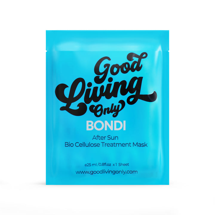 Soothing 'Bondi After Sun' bio cellulose sheet mask from Good Living Only. A 25ml treatment designed to revitalize and hydrate sun-kissed skin, infused with rejuvenating ingredients ideal for the Australian summer. Promises a nourished and radiant complexion.