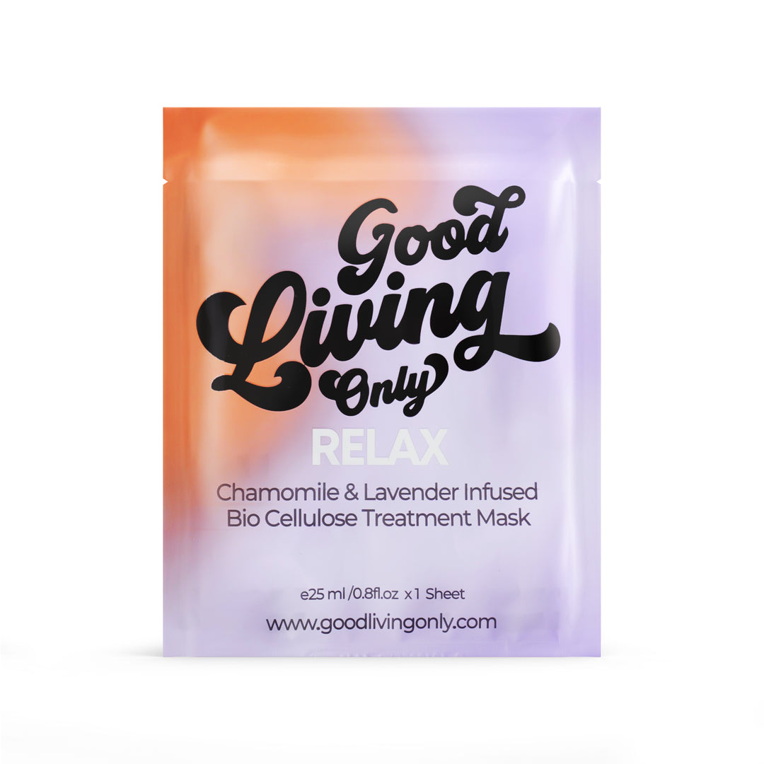 Luxurious 'Relax' chamomile and lavender-infused bio cellulose sheet mask by Good Living Only, 25ml. This premium skincare product from Australia is designed to calm and soothe the skin, making it perfect for unwinding after a long day. The essence of relaxation for a radiant, stress-free complexion."