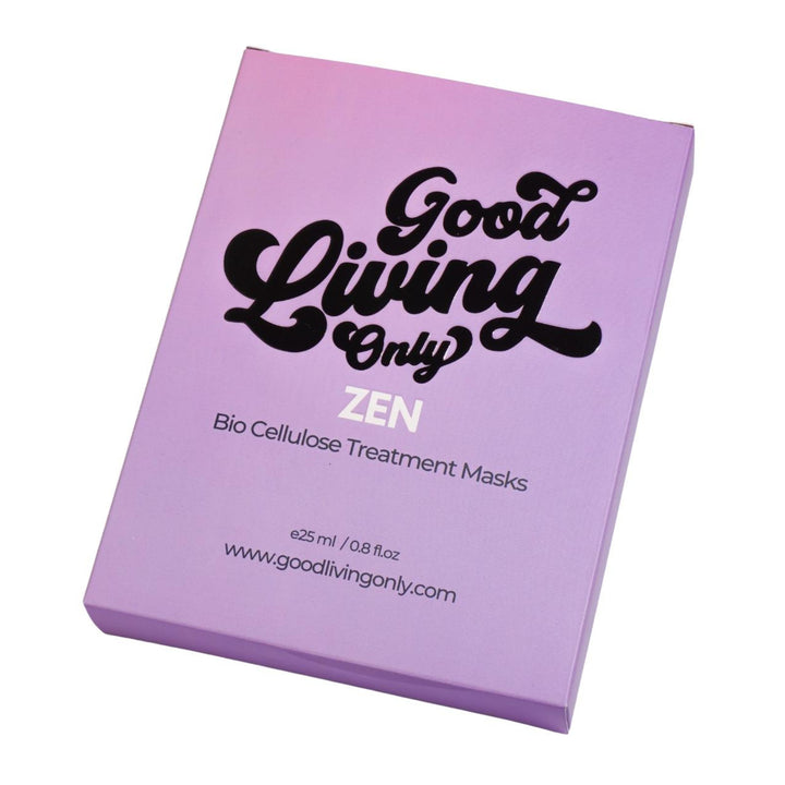 Good Living Only Zen Bio Cellulose Treatment Masks, a pack of three masks from VAMS Beauty. Made with natural coconut fibers and infused with Vitamin B and Kakadu-plum for healing and hydration.