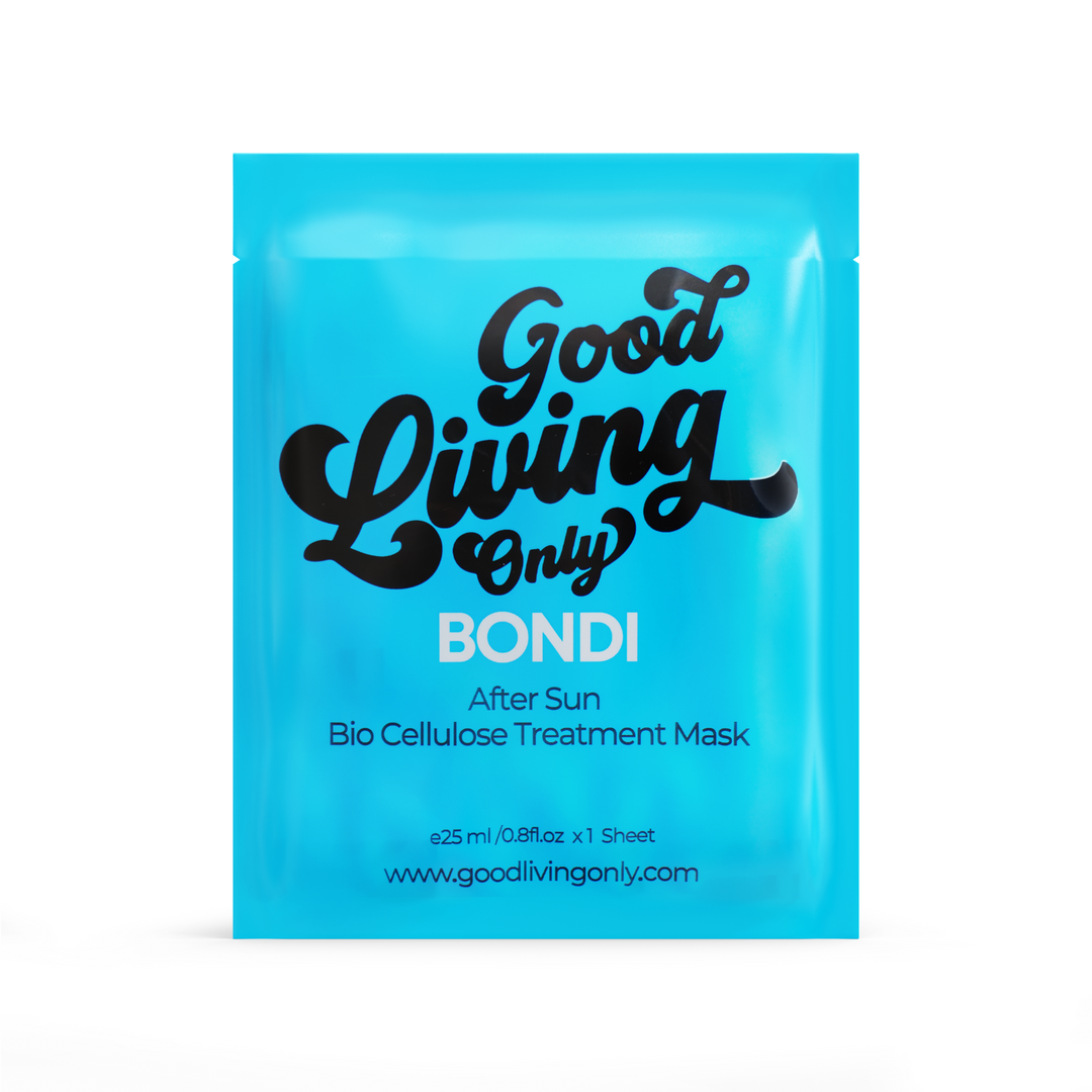 Packaged Bio Cellulose Treatment Masks by Australian Woman-Owned Brand, Good Living Only, with BONDI After Sun and HYDR8 Collagen Infusion for a natural skincare routine.