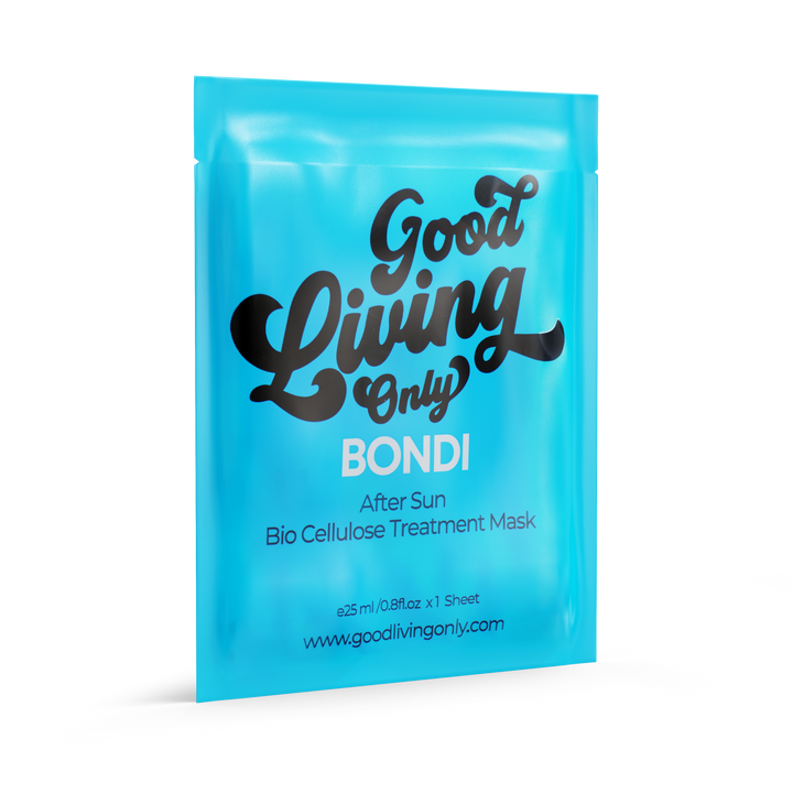 Soothing 'Bondi After Sun' bio cellulose sheet mask from Good Living Only. A 25ml treatment designed to revitalize and hydrate sun-kissed skin, infused with rejuvenating ingredients ideal for the Australian summer. Promises a nourished and radiant complexion.