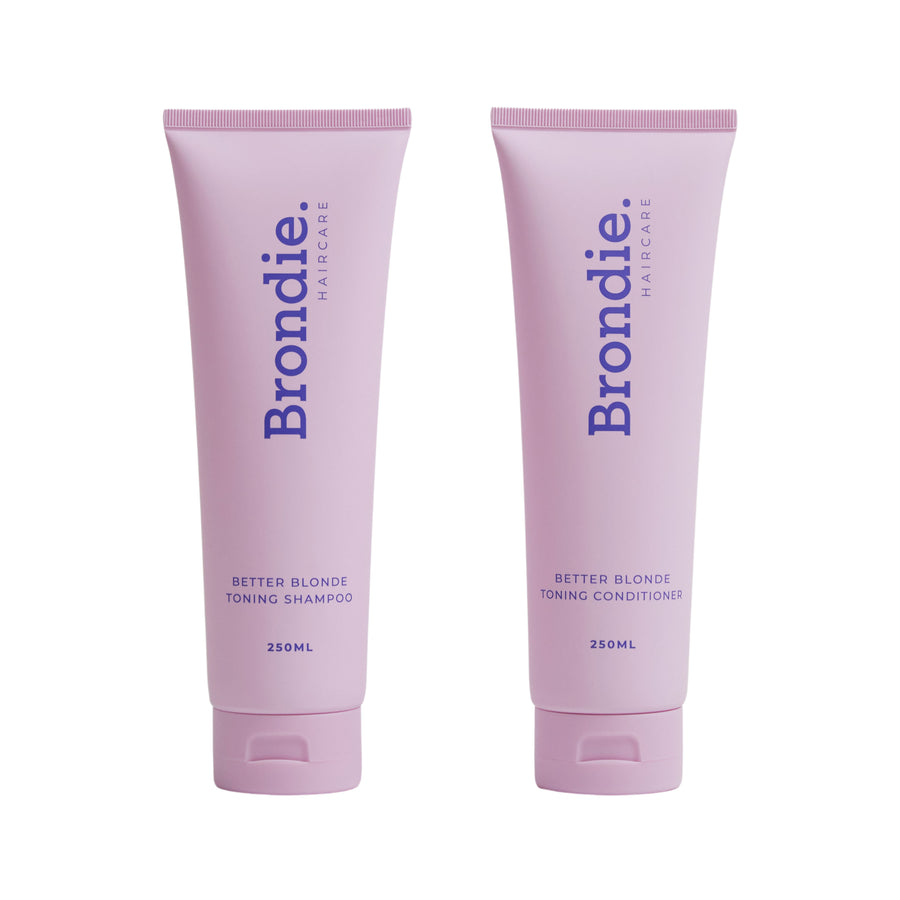 Brondie Better Blonde Toning Shampoo and Conditioner set, 250ml each, available at VAMS Beauty. This haircare duo is designed to enhance and maintain blonde hair, neutralizing brassy tones and promoting a vibrant, healthy look.