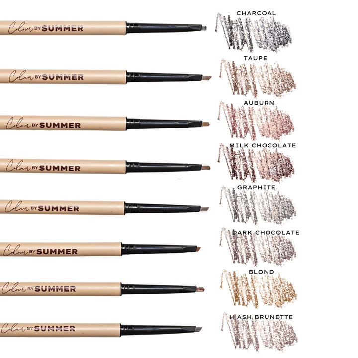 eyebrow pencils in multiple shades, including Charcoal, Taupe, Auburn, Milk Chocolate, Graphite, Dark Chocolate, Blonde, and Ash Brunette, with color swatches demonstrating the pigmentation and smooth application.