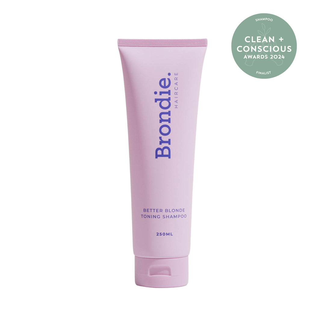 Brondie Better Blonde Toning Shampoo, 250ml, available at VAMS Beauty. This award-winning shampoo, a finalist in the Clean + Conscious Awards 2024, is designed to enhance blonde hair by neutralizing brassy tones and promoting a vibrant, healthy look.