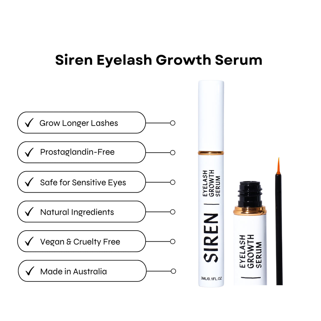 Eyelash Growth Serum, featuring benefits like growing longer lashes, being prostaglandin-free, safe for sensitive eyes, made with natural ingredients, vegan and cruelty-free, made in Australia.