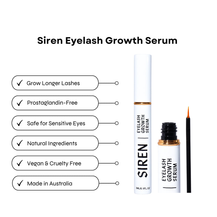 Eyelash Growth Serum, featuring benefits like growing longer lashes, being prostaglandin-free, safe for sensitive eyes, made with natural ingredients, vegan and cruelty-free, made in Australia.