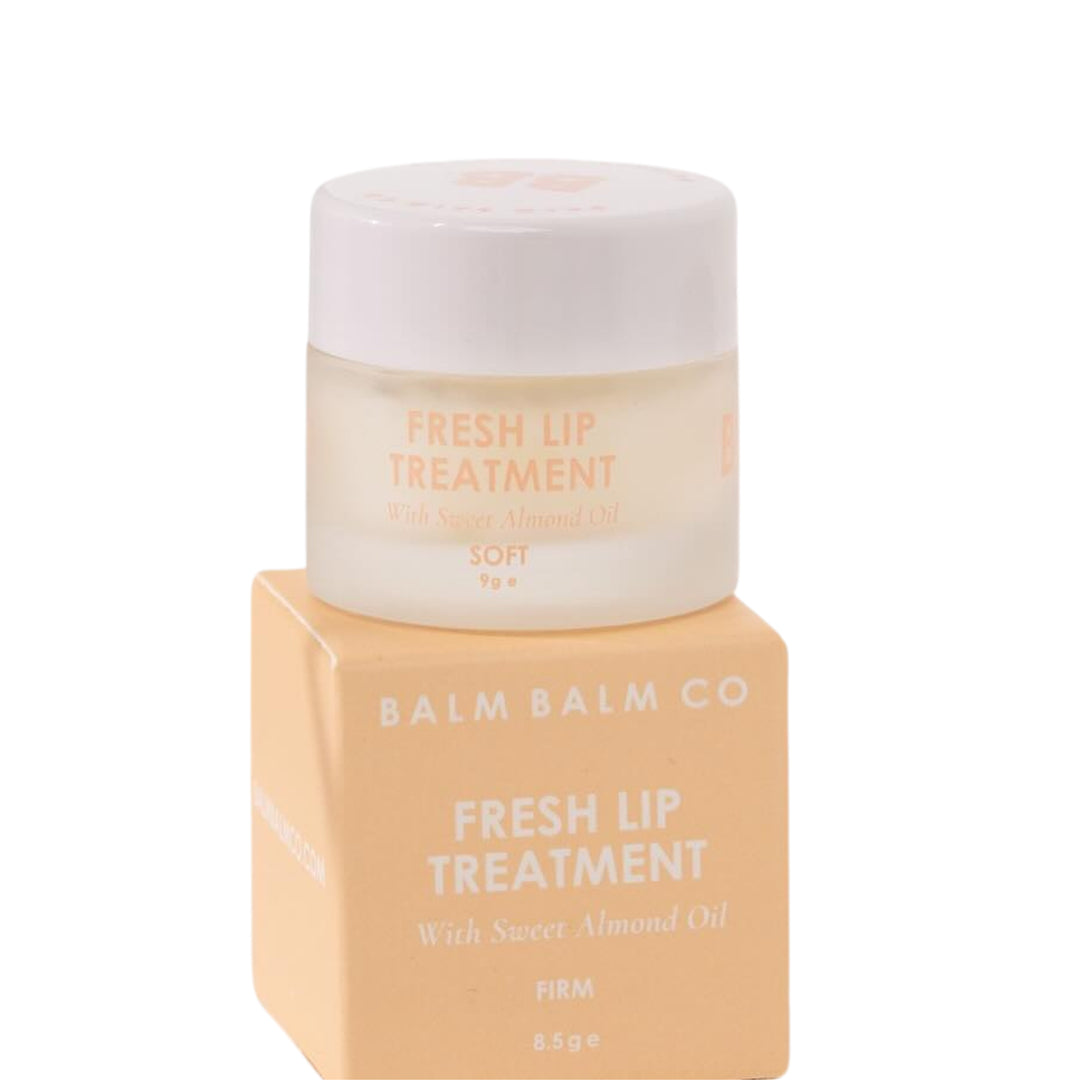Organic FRESH LIP TREATMENT balm with Sweet Almond Oil, housed in a minimalist white jar, from an Australian online beauty shop for nourishing lip care.