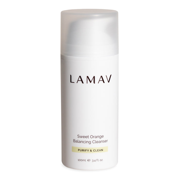 LAMAV Sweet Orange Balancing Cleanser, a purifying gel cleanser designed for oily and combination skin. Infused with sweet orange extract, this gentle formula helps balance oil production while deeply cleansing and refreshing the skin, packaged in a sleek 100ml bottle