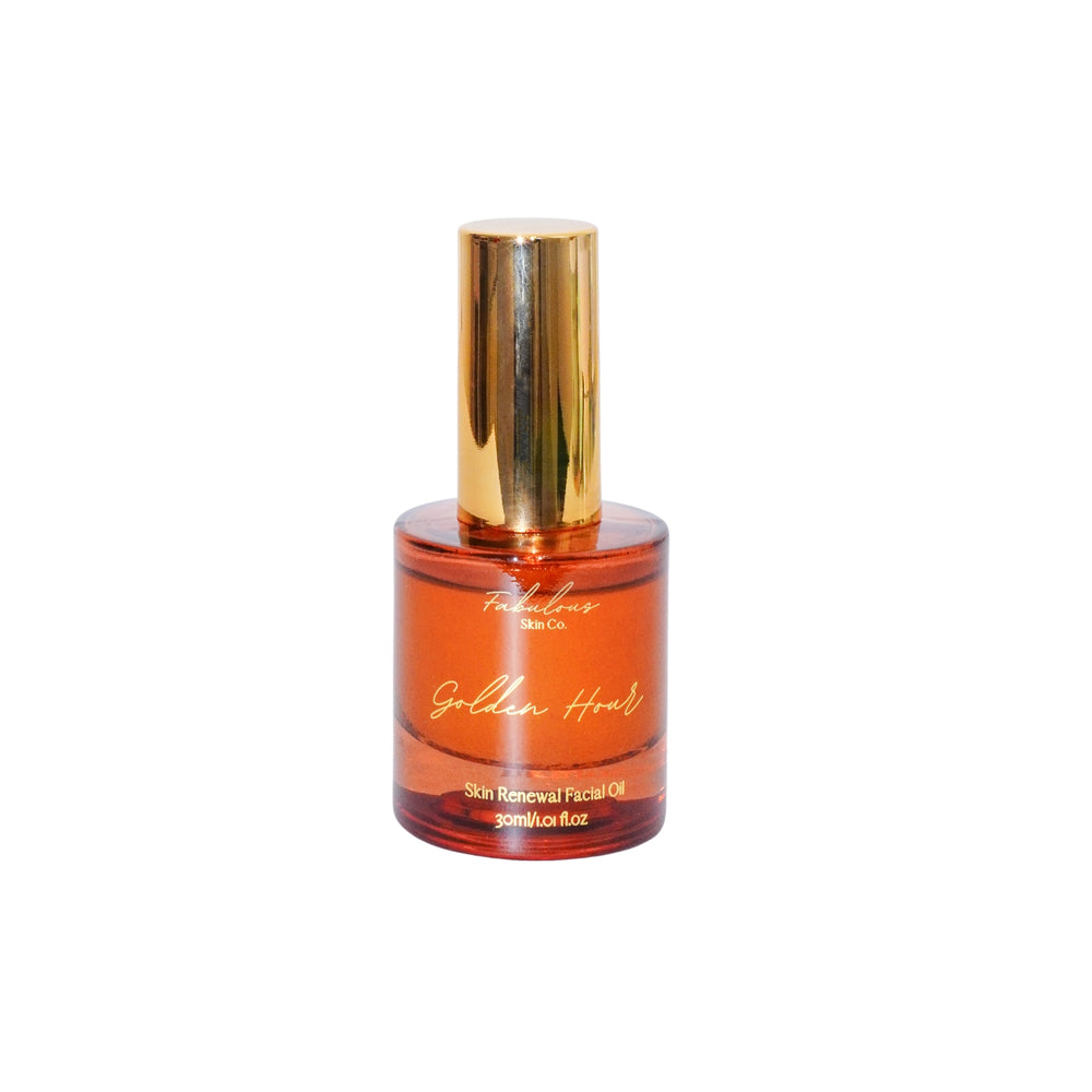 Fabulous Skin Co. Golden Hour Skin Renewal Facial Oil, 30ml, available at VAMS Beauty. This luxurious facial oil is formulated to renew and hydrate skin, promoting a radiant and youthful complexion with a blend of nourishing ingredients.