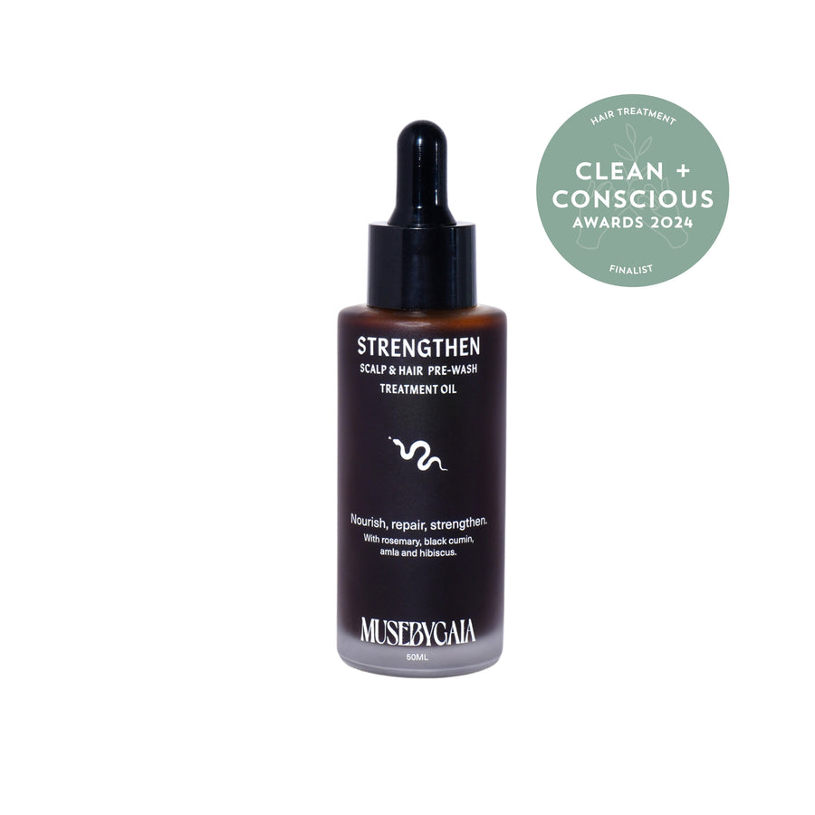 Strengthen Scalp & Hair Pre-Wash Hair Growth Treatment Oil by Muse by Gaia - Awarded Finalist in Clean + Conscious Awards 2024. Nourish, repair, and strengthen hair with ingredients like rosemary, black cumin, amla, and hibiscus. 50ml bottle.