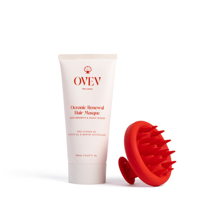 OVEV Wellness Oceanic Renewal Hair Masque with a scalp massage brush, designed for hair growth and scalp care featuring Pro-Vitamin B5, Sapote Oil, and Marine Microalgae.