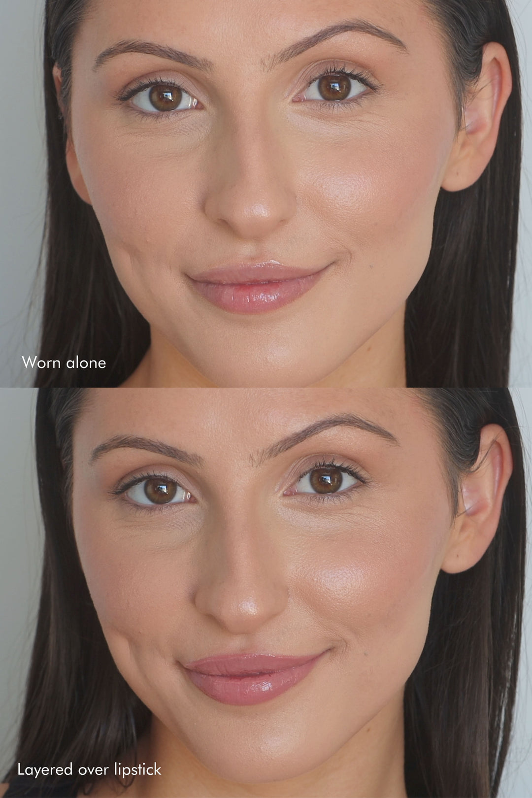 Comparison of lip gloss application on a model, showing the lip gloss worn alone versus layered over lipstick for added shine and dimension. Considered Rhode Beauty dupe.