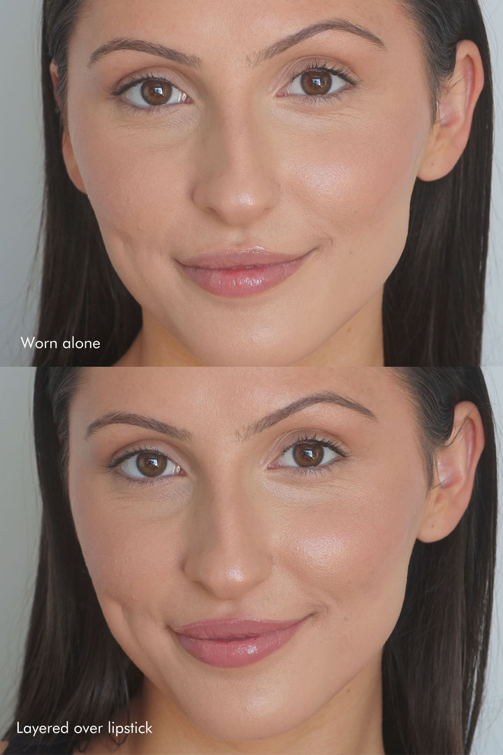 Comparison of lip gloss application on a model, showing the lip gloss worn alone versus layered over lipstick for added shine and dimension. Considered Rhode Beauty dupe.