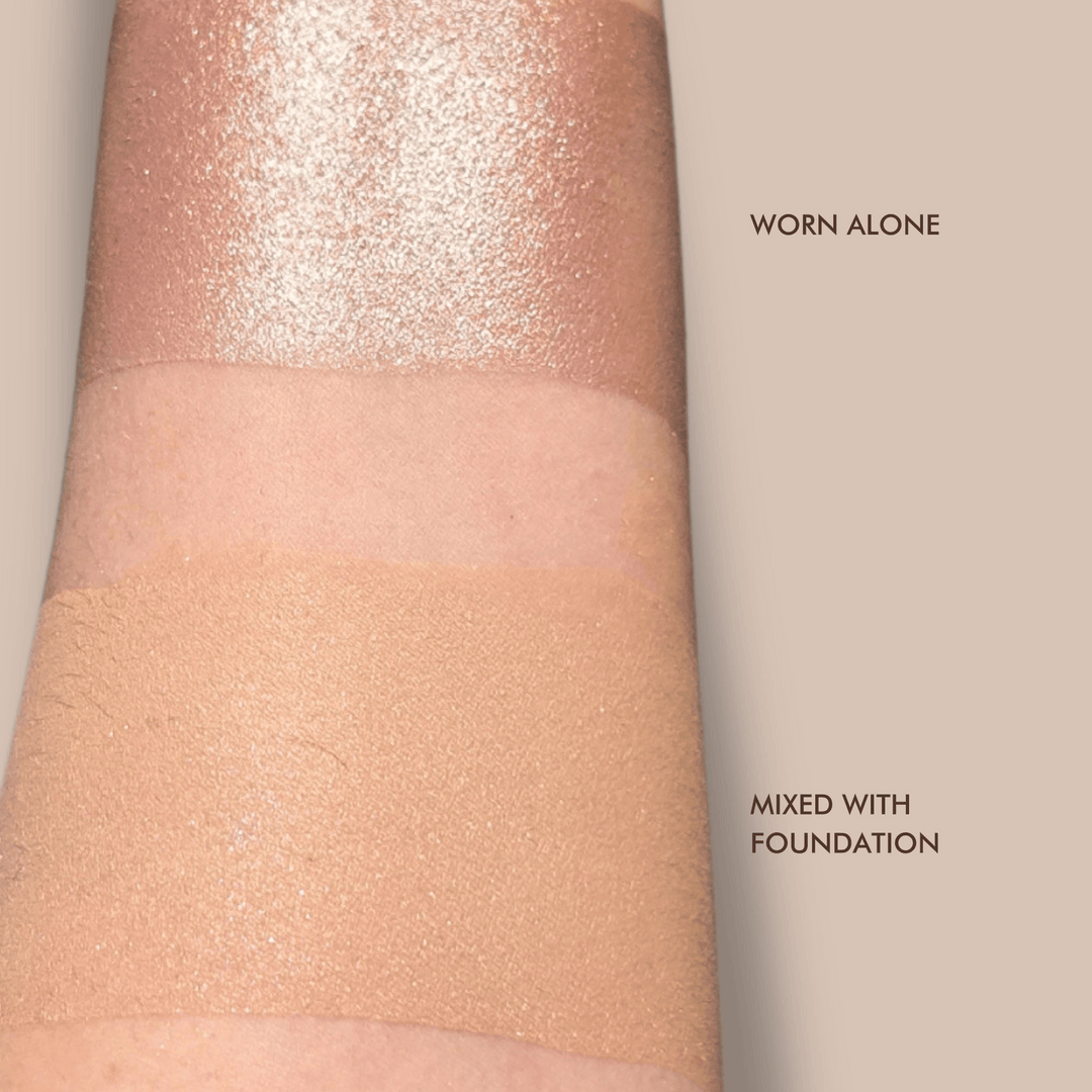 Swatches of VAN-IT Liquid Radiance Highlighter showing the product worn alone for a shimmer effect and mixed with foundation for a subtle glow. Available at VAMS Beauty, specializing in Australian beauty products.