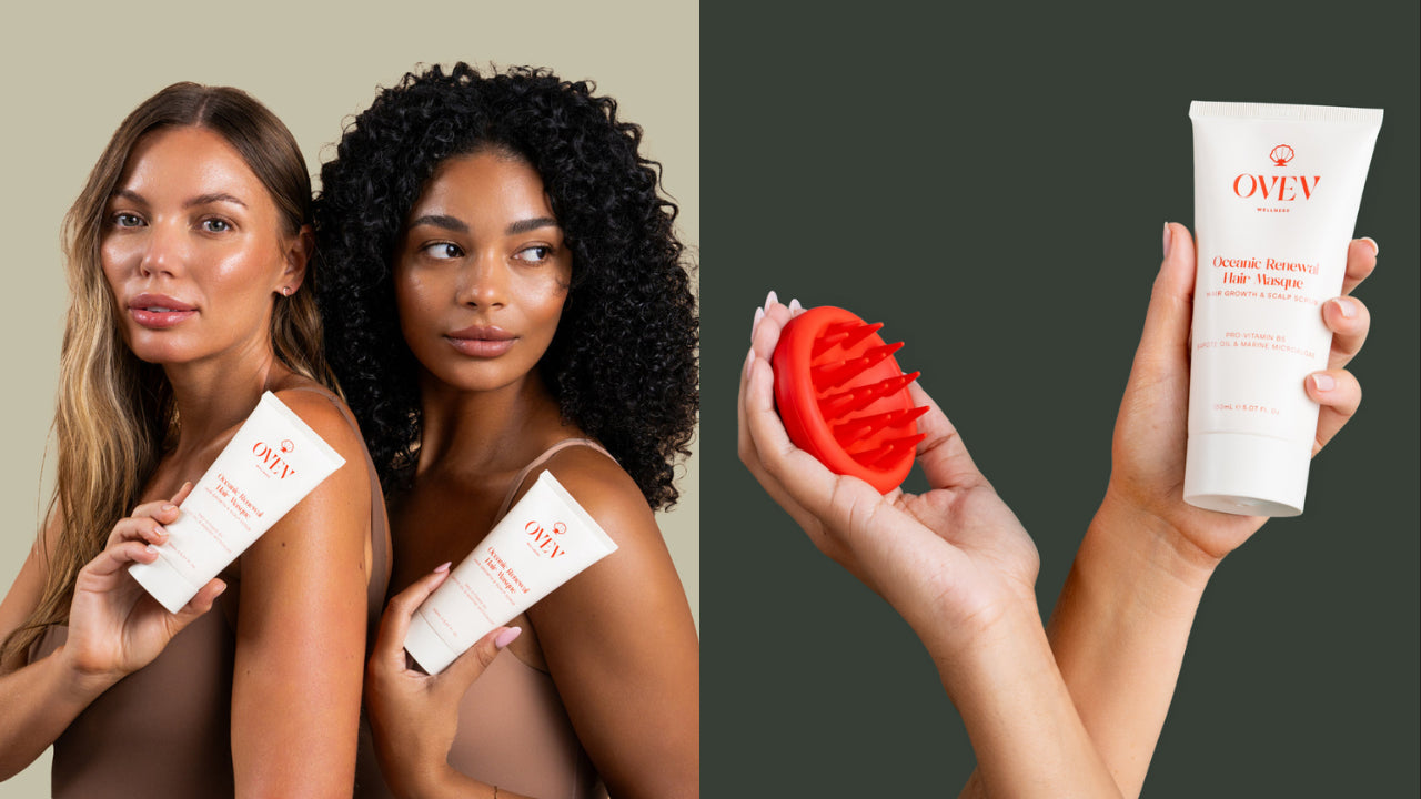 Two women holding OVEV Wellness Oceanic Renewal Hair Masque, highlighting its benefits for diverse hair types. On the right, a close-up of hands holding the hair masque and a red scalp massage brush, emphasizing the product's role in promoting hair growth and scalp health.