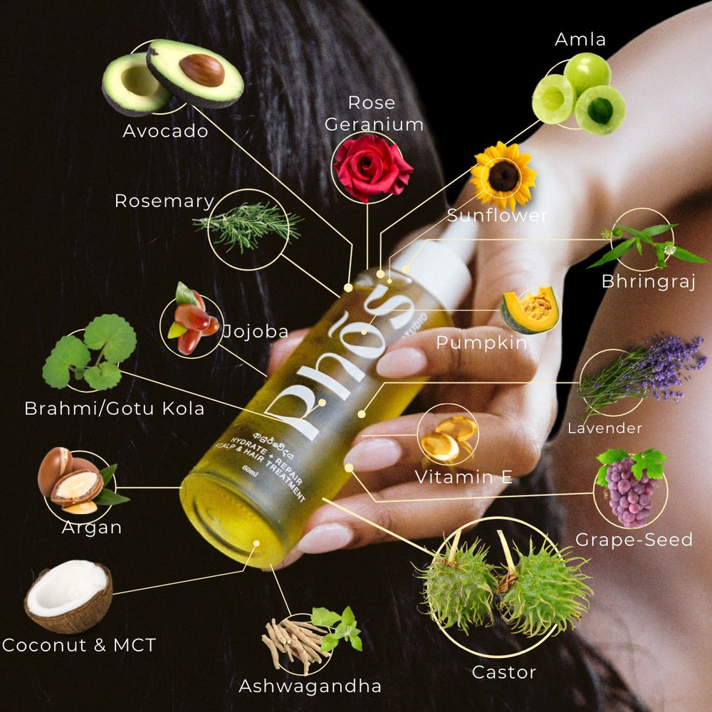 Phōs Hydrate + Repair Scalp & Hair Treatment bottle surrounded by natural ingredients such as avocado, rose geranium, rosemary, sunflower, amla, bhringraj, pumpkin, jojoba, brahmi/gotu kola, argan, coconut & MCT, ashwagandha, vitamin E, lavender, grape-seed, and castor. Available at VAMS Beauty, this treatment promotes hair health and hydration.