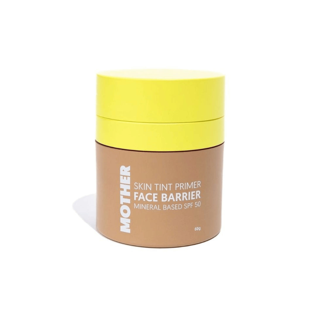 Mother SPF 50 Skin Tint Primer Face Barrier, mineral sunscreen in 60g container. Sunscreen for oily skin 