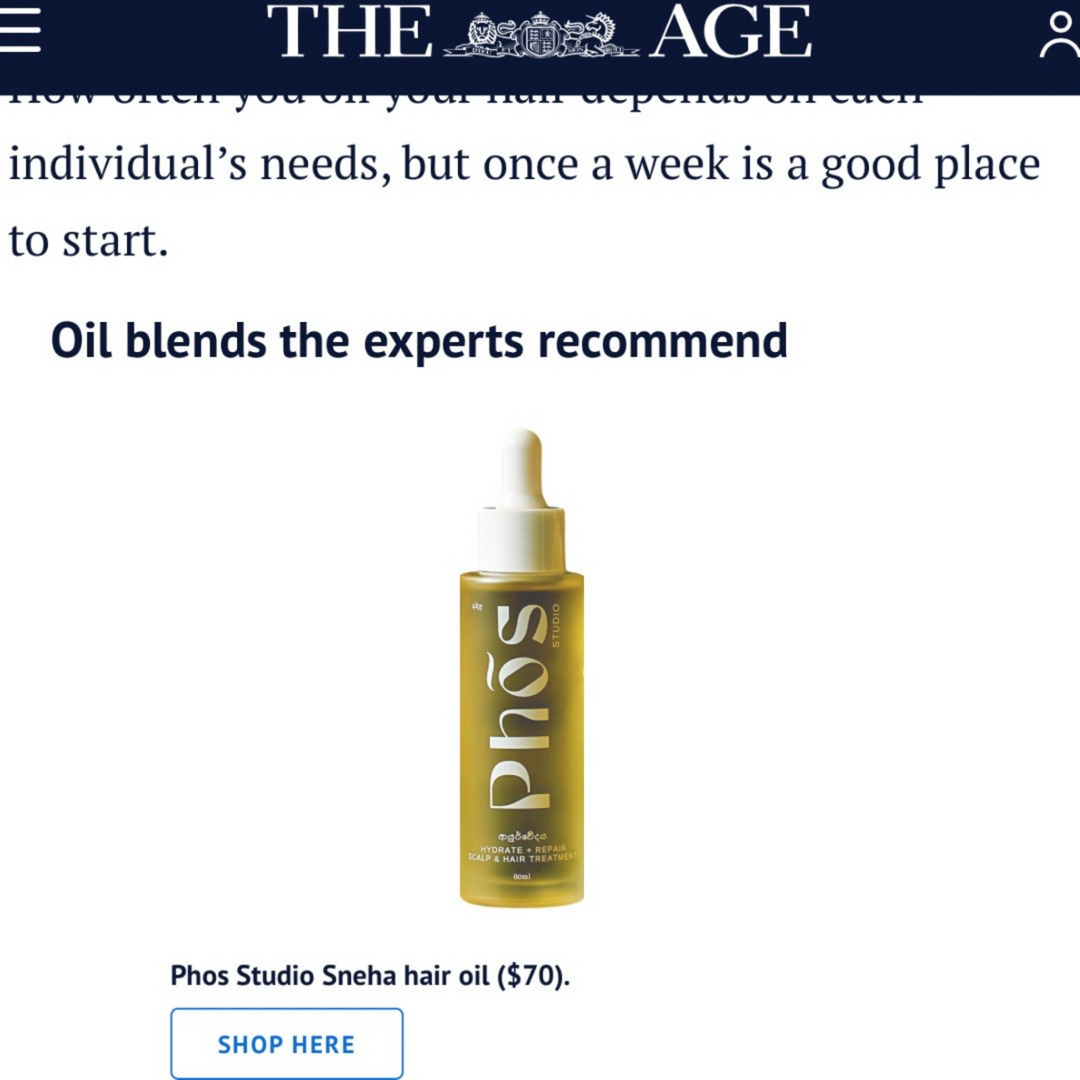 Phos Studio Sneha Hair Oil ($70), recommended by experts, available at VAMS Beauty. This hydrate and repair scalp and hair treatment is designed to nourish and rejuvenate hair health, ideal for weekly use.